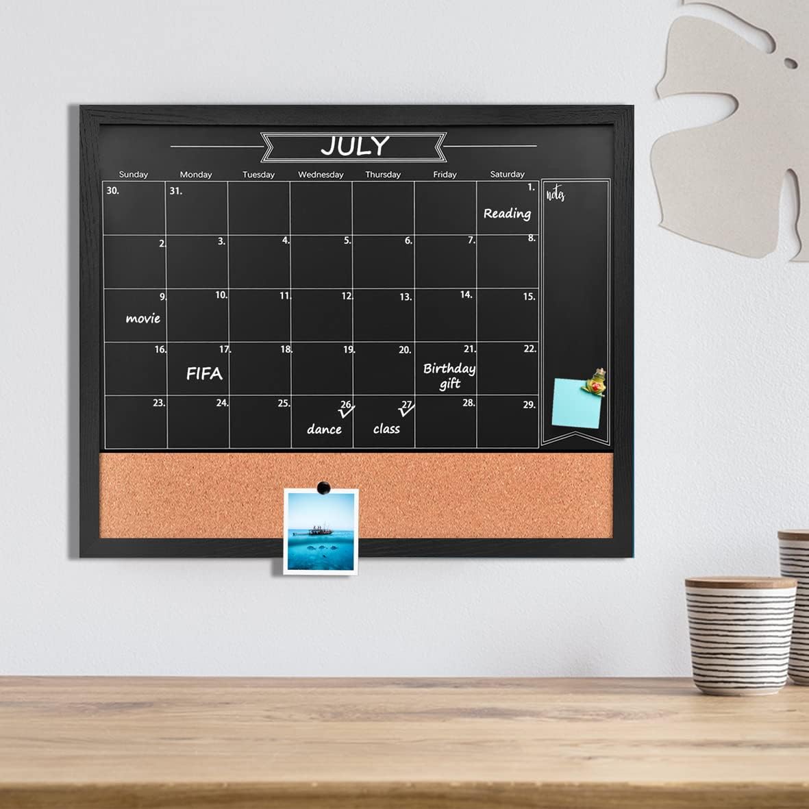 TORASO Chalkboard Calendar & Corkboard, Magnetic Surface 24" x 32" Combination Chalk Board & Bulletin Board, Black Framed Blackboard/Calendar/Cork Combo Board(ZHHB-BK-6080)