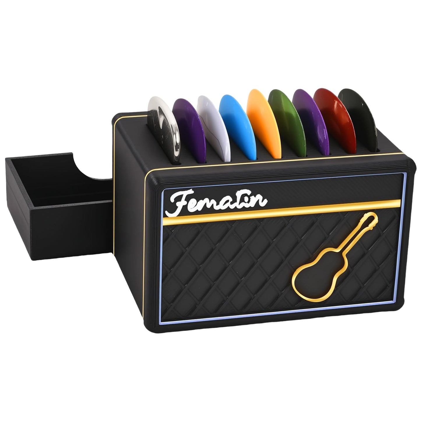 Fematin Guitar Pick Holder Box, Amp Speaker Styled Guitar Picks Display Case with 9 Celluloid Guitar Picks and 1 Metal Pick, Gui