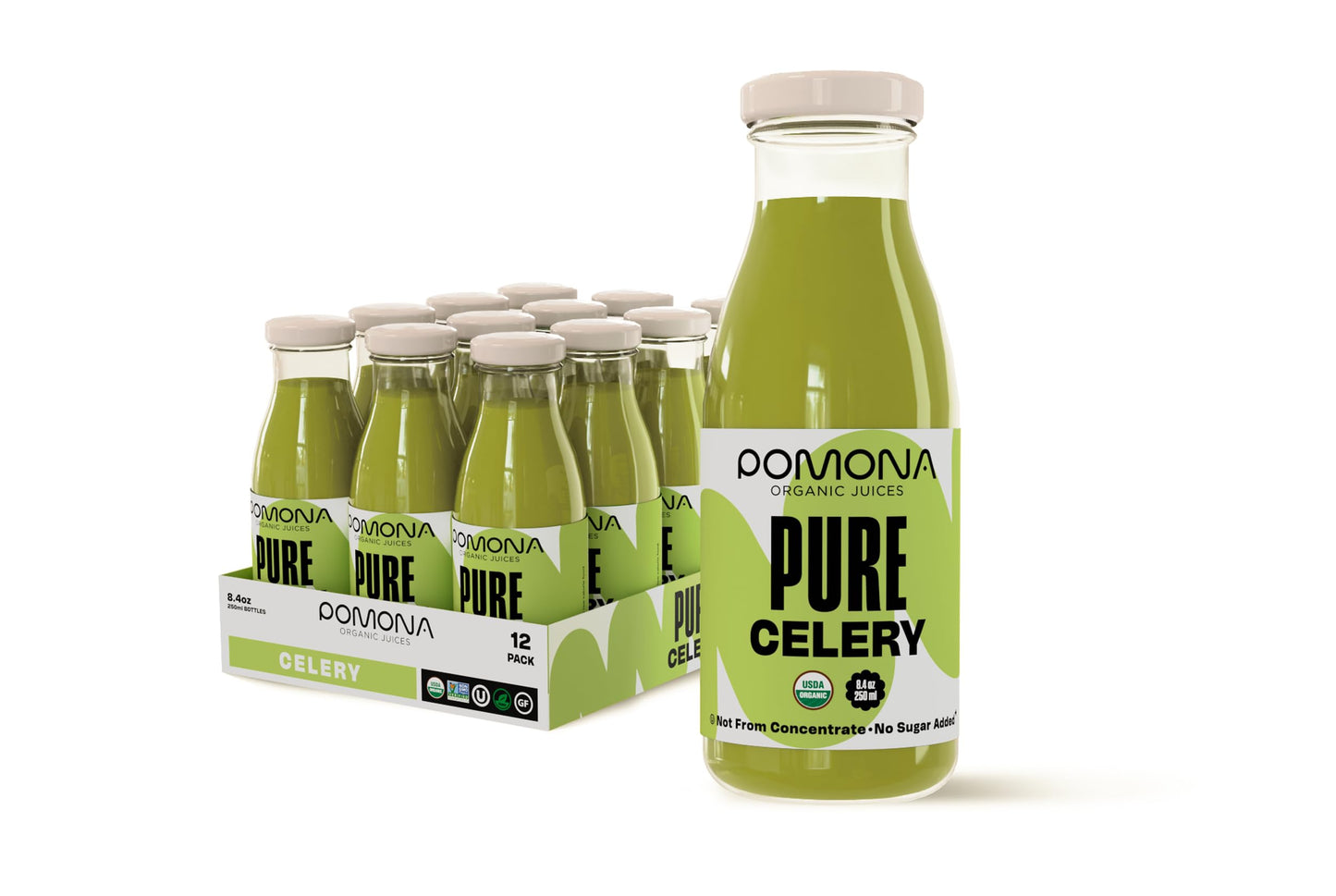 Pomona Organic Juices Pure Celery Juice 8.4 Ounce Bottle (Pack of 12) Cold Pressed Organic Juice Non-GMO No Sugar Added Not from Concentrate Gluten Free Kosher Certified Preservative Free