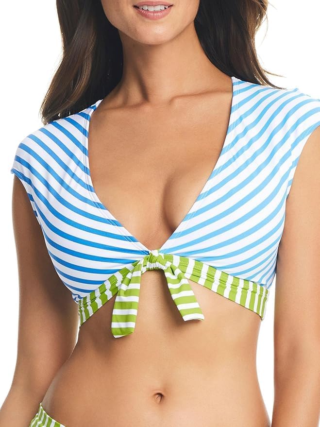 Bleu Rod Smooth Operator Tie Front Cap Sleeve Crop Bikini Top in Stripe