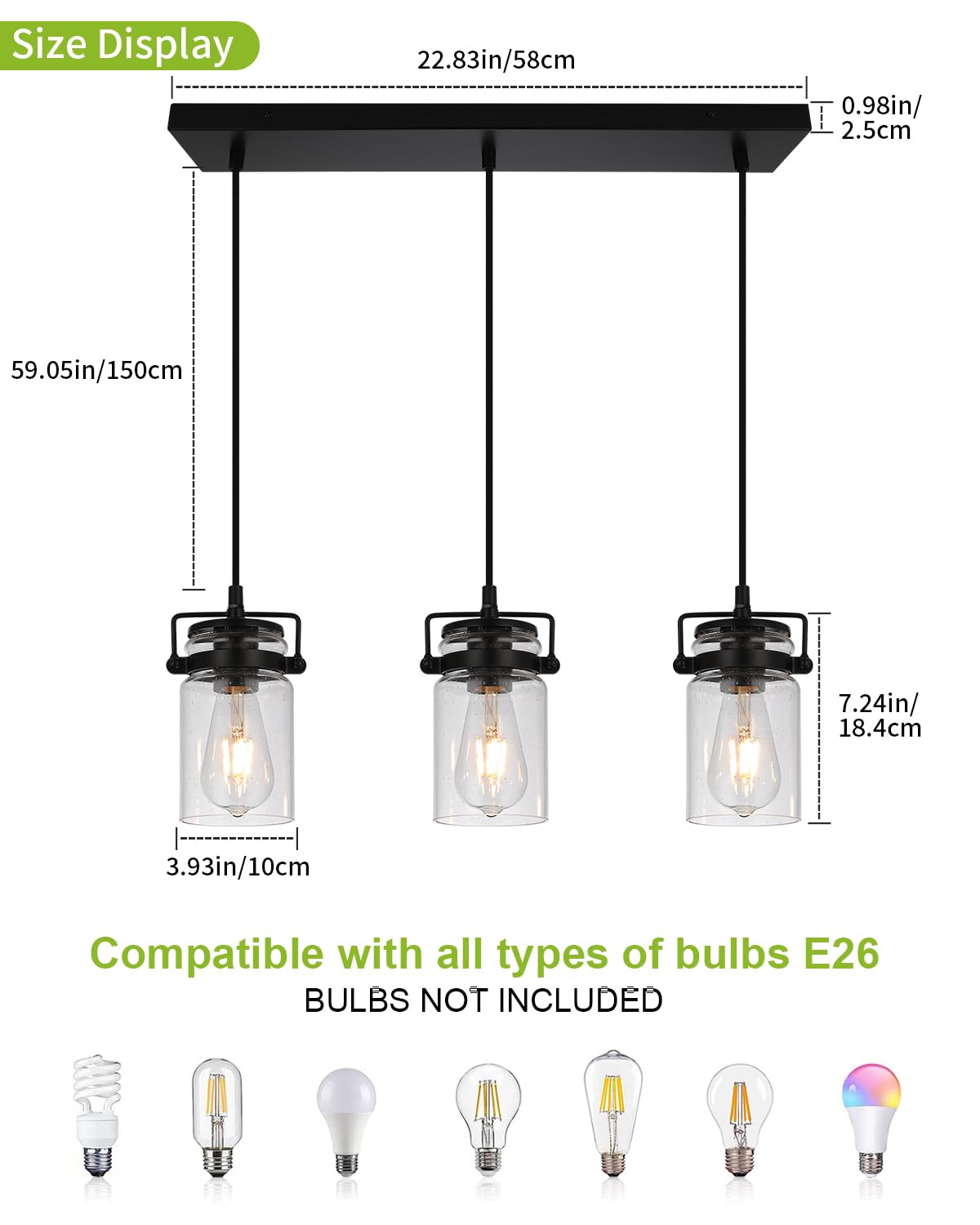 Foucasal Kitchen Pendant Lighting Over Island Pendant Lights With Seeded Glass Shade Black 3 Pendant Lighting Adjustable Farmhouse Ceiling Light For Kitchen Island Dining Room Bedroom Living Room