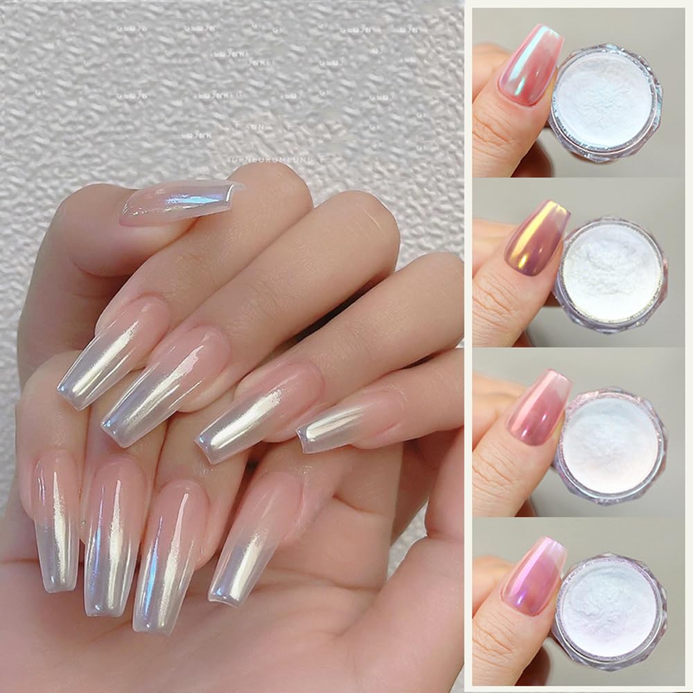 Pretty Diva 8 Colors Iridescent Pearl Chrome Nail Powder, Aurora Pearl Nails Chrome White Pearl Chrome Powder for Nails Metallic