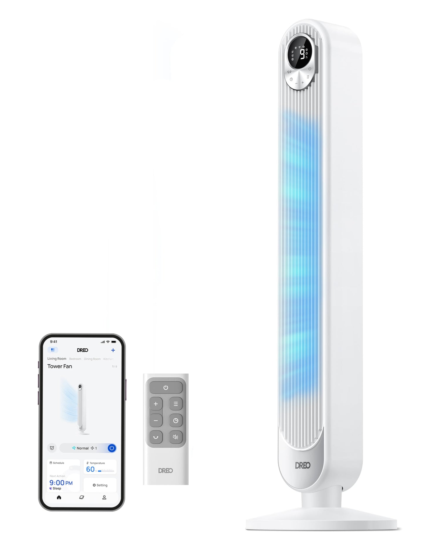 Dreo Smart Tower Fan for Bedroom, Floor Standing Bladeless Oscillating Fan with Remote, 9 Speeds, 4 Modes, 12H Timer, for Indoor
