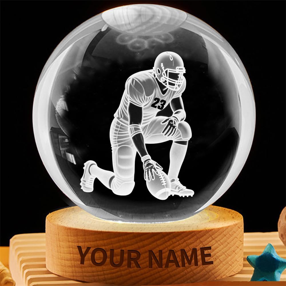 Personalized Football Crystal Night Light Gift for Men Women, Custom Name/Number Football Player 3D Crystal Ball Night Light Lamp for Bedroom Room Sports Decor Party Bar Christmas Birthday Gift