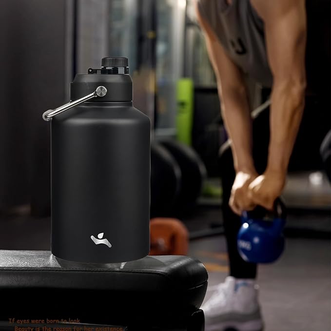 1 Gallon Jug with Handle,128 oz Insulated Water Bottle with Carrying Pouch, Double Wall Vacuum Stainless Steel Metal Bottle,Black