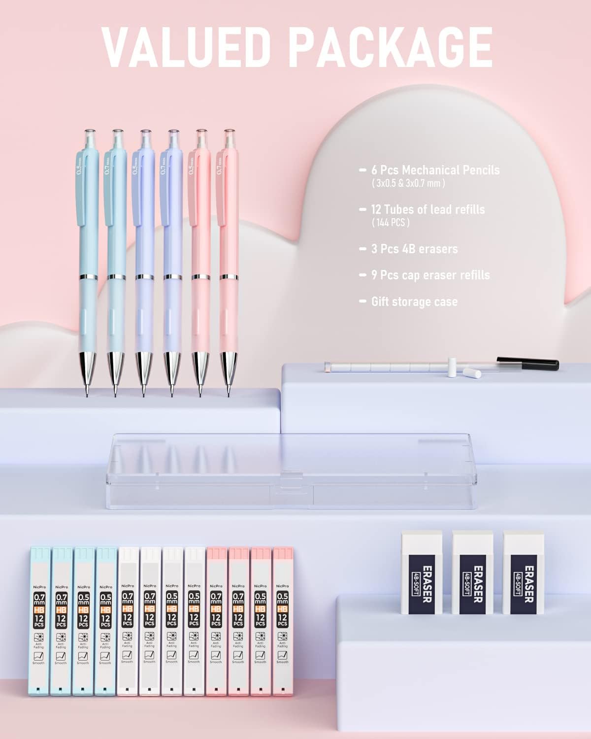 Nicpro 6PCS Pastel Mechanical Pencil Set with Case, 0.5 & 0.7 mm Cute Pencils with 12 tubes HB Lead Refills, 3 Erasers, Eraser Refills For School Supplies Student Writing, Drafting Drawing Sketching