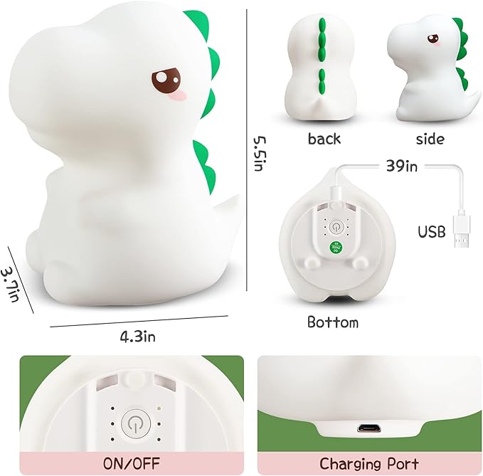 Cute Kids Night Light Night Lamp Night Lights for Kids Bedroom Toddler Baby Portable Silicone Battery Led Nightlight Nursery (Dinosaur)