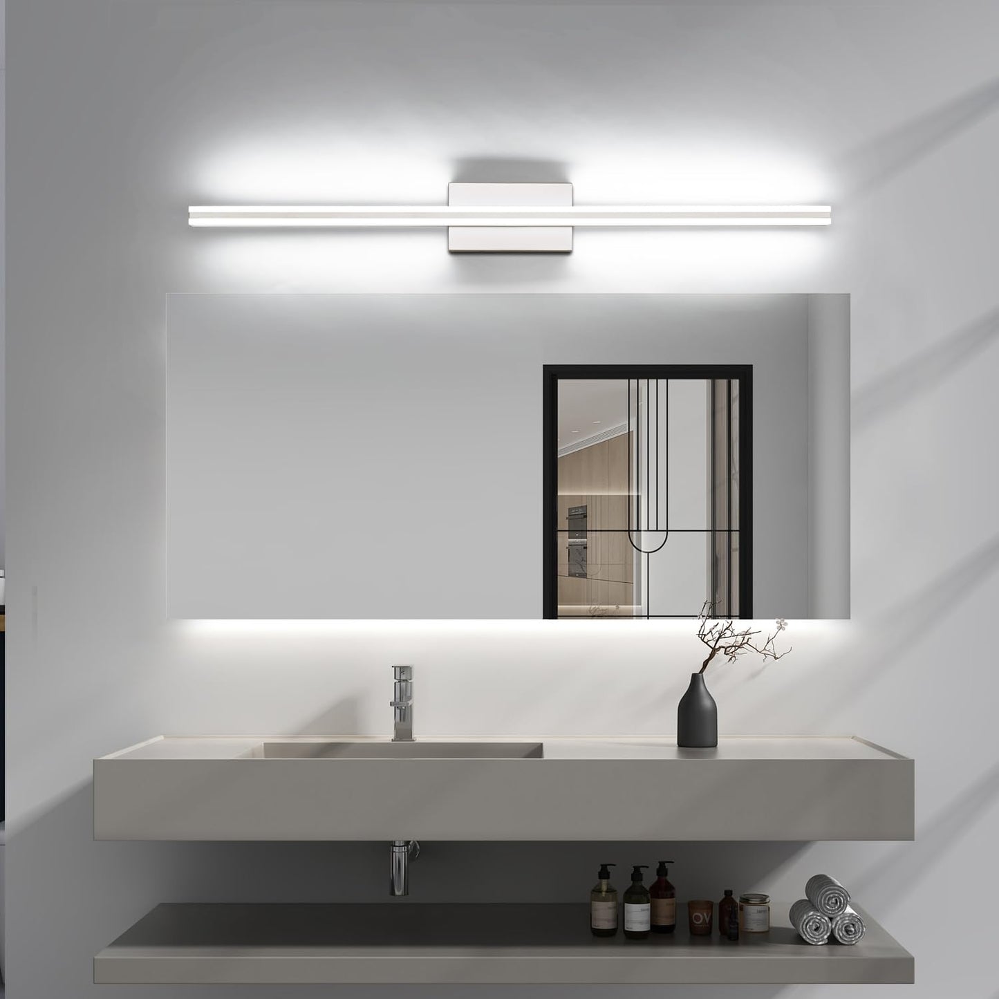 Solfart 40 Inch Modern Led Bathroom Vanity Light - Dimmable Stainless Steel Over Mirror Fixture, Silver Finish, Model 8B07B29F