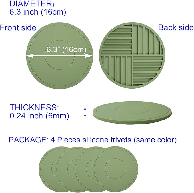 4 Pieces Silicone Trivet Mats, Pot Holders, Kitchen Tools, Heat Resistant Non-Slip Pads for Dishes, Bowls, Jar Opener, Easy to Wash and Dry Pan Cushions (Green)