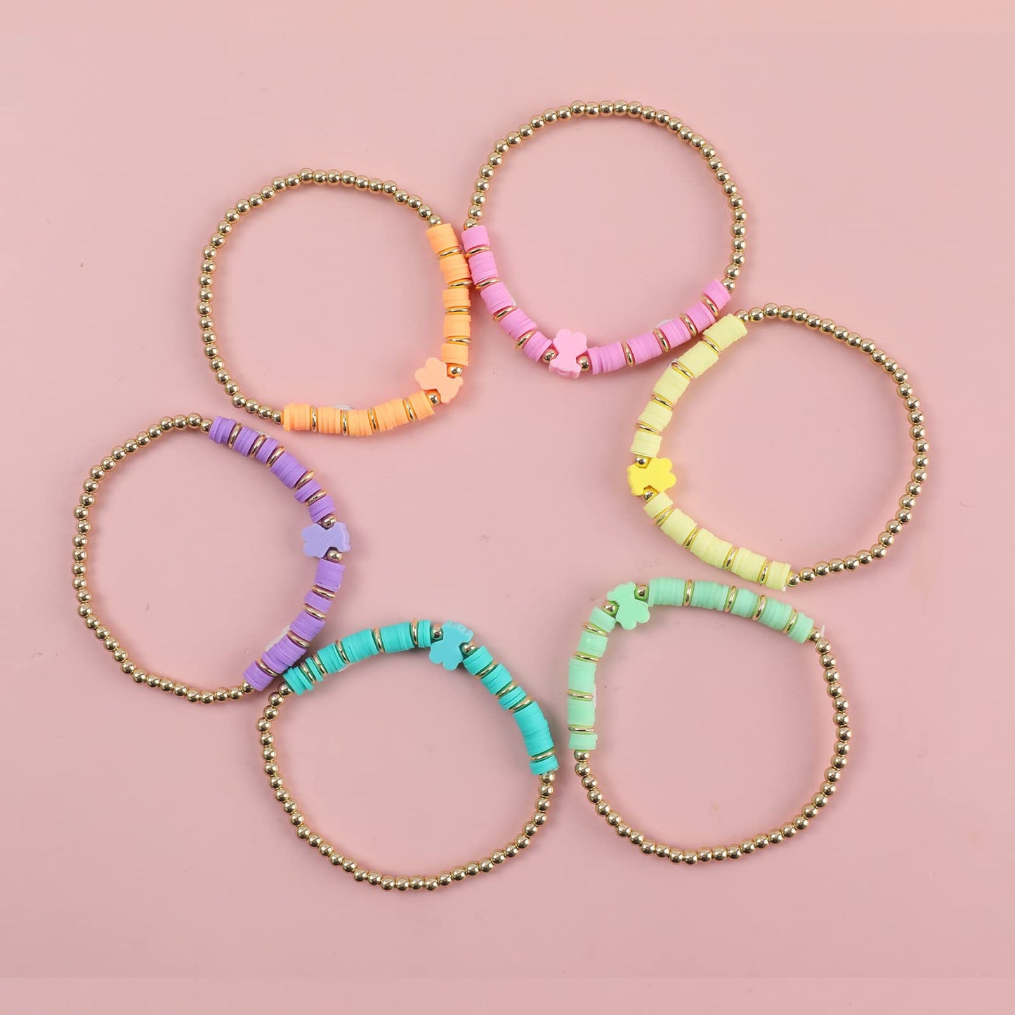 Candy Color Beaded Bracelets for Women - Cute Stackable Clay Bear Friendship Bracelet Set - Colorful Elastic Heishi Surfer Prepp