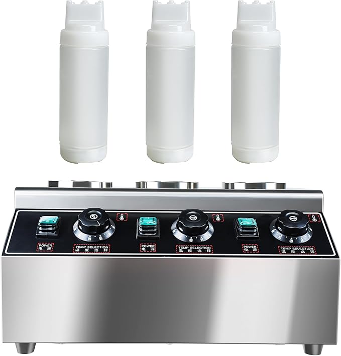 Generic YOOKTEN Electric Cheese Sauce Warmer Dispenser,0.68x3 Qt Commercial Cheese Dispenser Bottle Warmer Hot Chocolate Warmer and Dispenser 86-185℉Nacho Cheese Warmer with Bottles, Silver