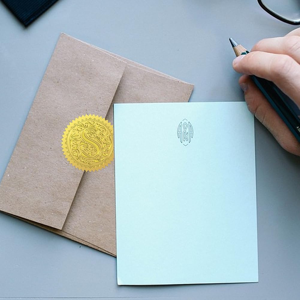 Peacoblue Gold Foil Stickers Seals Embossed 2 Inch 100Pcs Letter S, Self Adhesive Gold Around Embossing Stickers for Envelope Seals, Gift Decor, Certificate Paper, Birthday Party Invitation