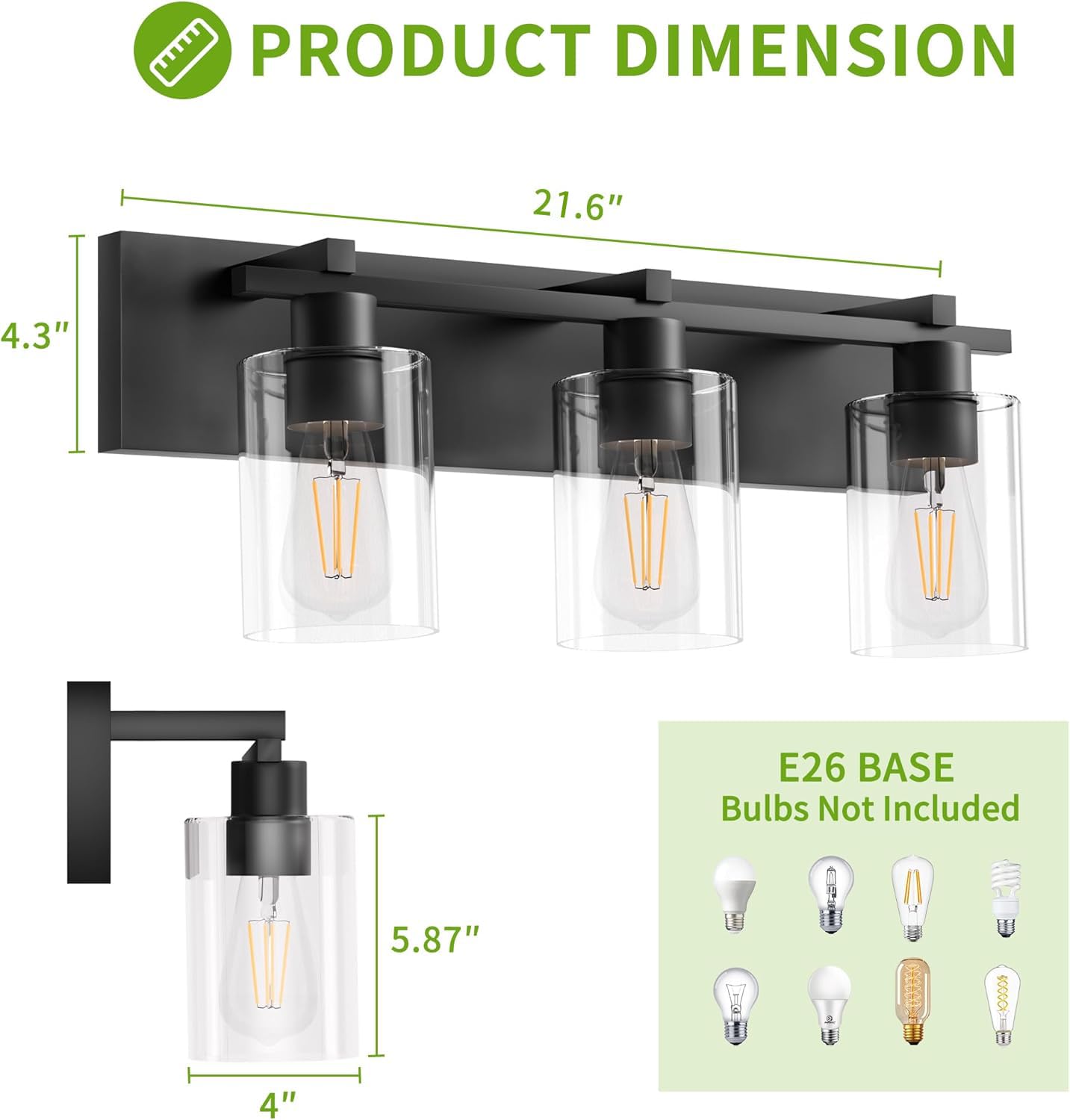 Espird Bathroom Vanity Light,3 Light Matte Black Light Fixture with Thickened Clear Glass Shade, 21 inch Modern Wall Sconce, Bathrooms Vanity Light Over Mirror for Bathroom