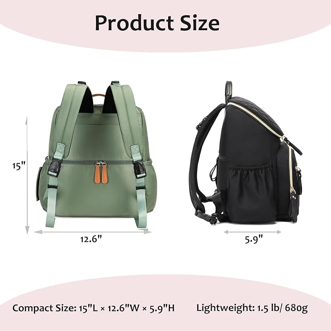 Large Capacity Diaper Bag Backpack with Stroller Buckle, Water-Resistant Travel Baby Bag with Insulated Pockets (Classic, Green)