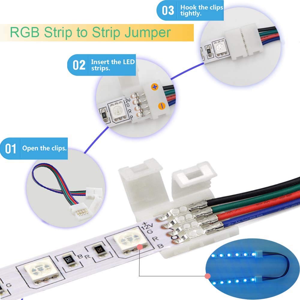 FSJEE 4 Pin LED Strip Connector Kit for 5050 Light Strip, 8 Solderless Accessories, Black, Model FS-RGB2
