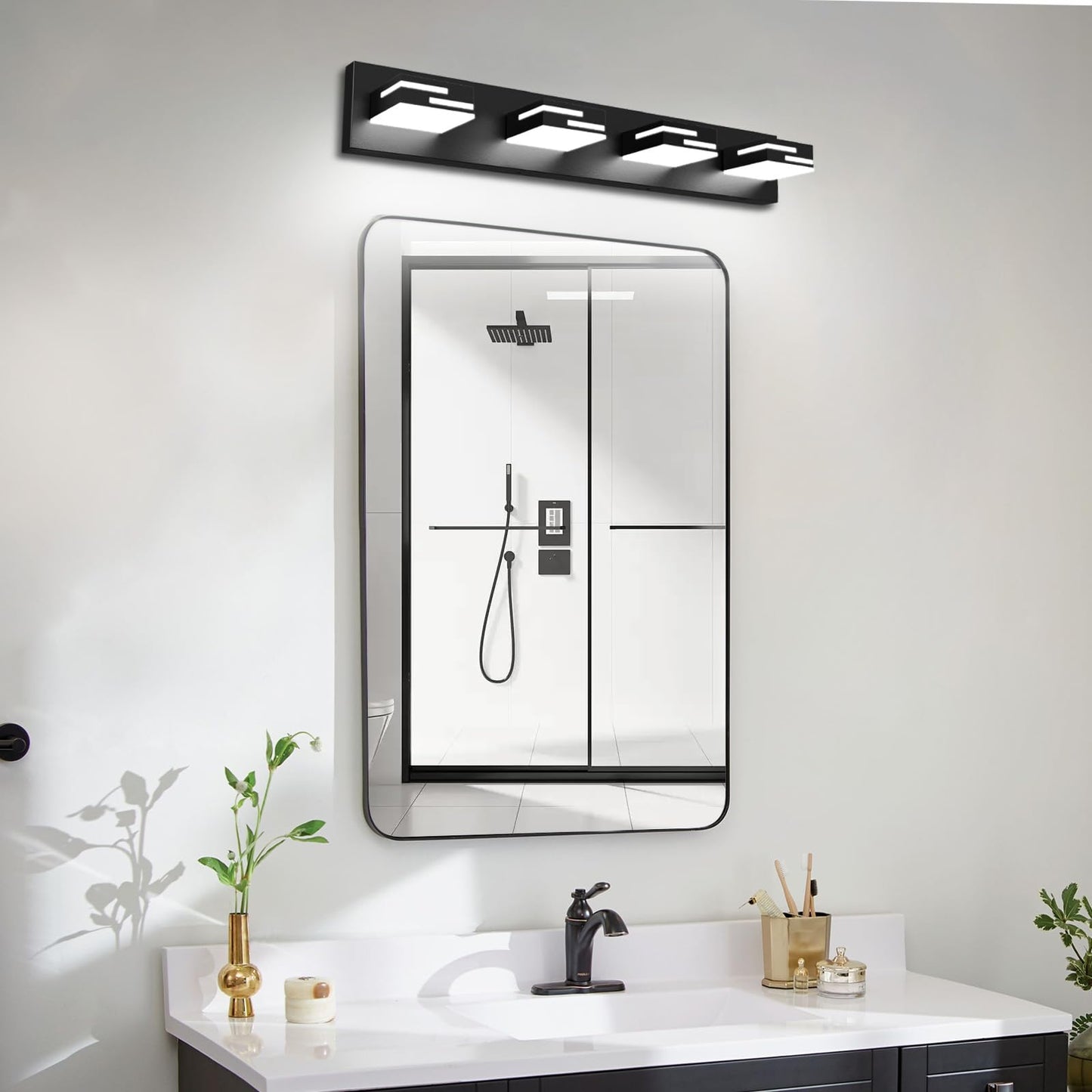 Lkhf Led Modern Bathroom Vanity Light Fixtures 4-Light 5Cct Dimmable Matte Black Vanity Lights For Bathroom Lighting Fixtures Over Mirror With 350?Rotatable Acrylic Heads 28-Inch