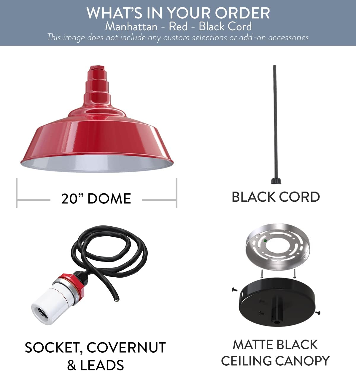 Steel Lighting Co. Manhattan Warehouse Light | Ceiling Mounted Pendant | 20 inch Dome | Black Cord | Large Steel Barn Light Made in America | Red Exterior/White Interior