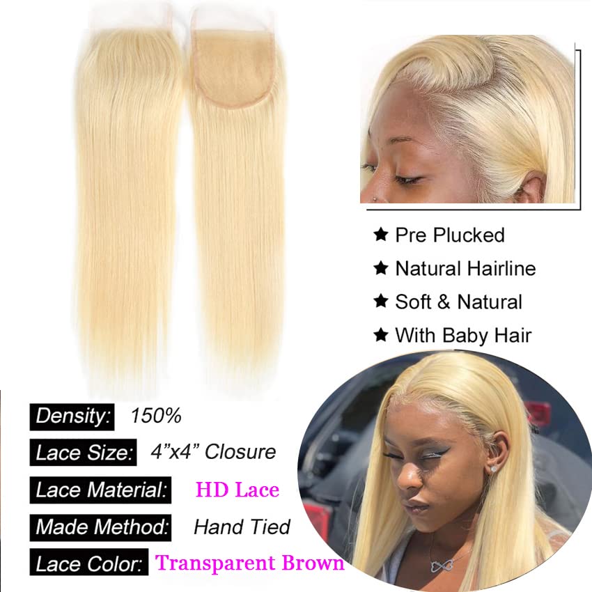 613 Closure Straight 4x4 Transparent HD Lace Closure Blonde Closure 12A Brazilian Virgin Remy Human Hair Extension 100% Russian
