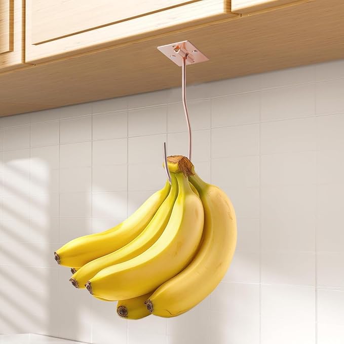 Self-Adhesive Banana Hooks, Foldable Magnetic Hanger Under Cabinet, Sturdy Metal Banana Holder for Kitchen, Space-Saving Design to Keep Bananas Fresh 3 Pieces Rose Gold