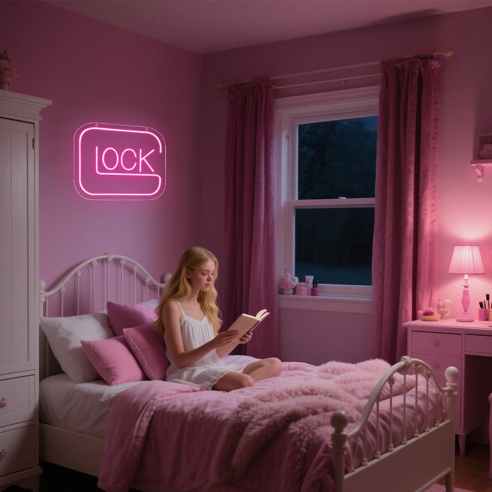 Lock Neon Sign,Pink Dimmable LED Light Signs for Wall Art Decor,Game Backdrop for Bedroom Club Party Man Cave Game Room Bar,Gaming Gift for Boys Teen Men USB Powered(11.4"*9.7")