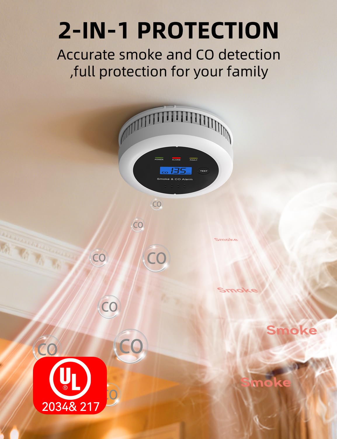 UxmCruxial Smoke Detector Carbon Monoxide Detector Combo, 2 in 1 Smoke and Carbon Monoxide Alarm with Display 85dB Alarm Replaceable Battery Fire Alarm CO Detector for Kitchen,2 Pcak