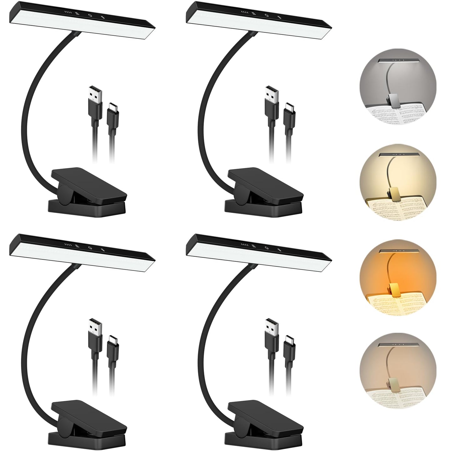 iGoober 4 Pack Rechargeable Music Stand Lights - Eye Caring 47 LED Clip on Piano Lights, 4 Color & 3 Brightness, USB-C, up to 11