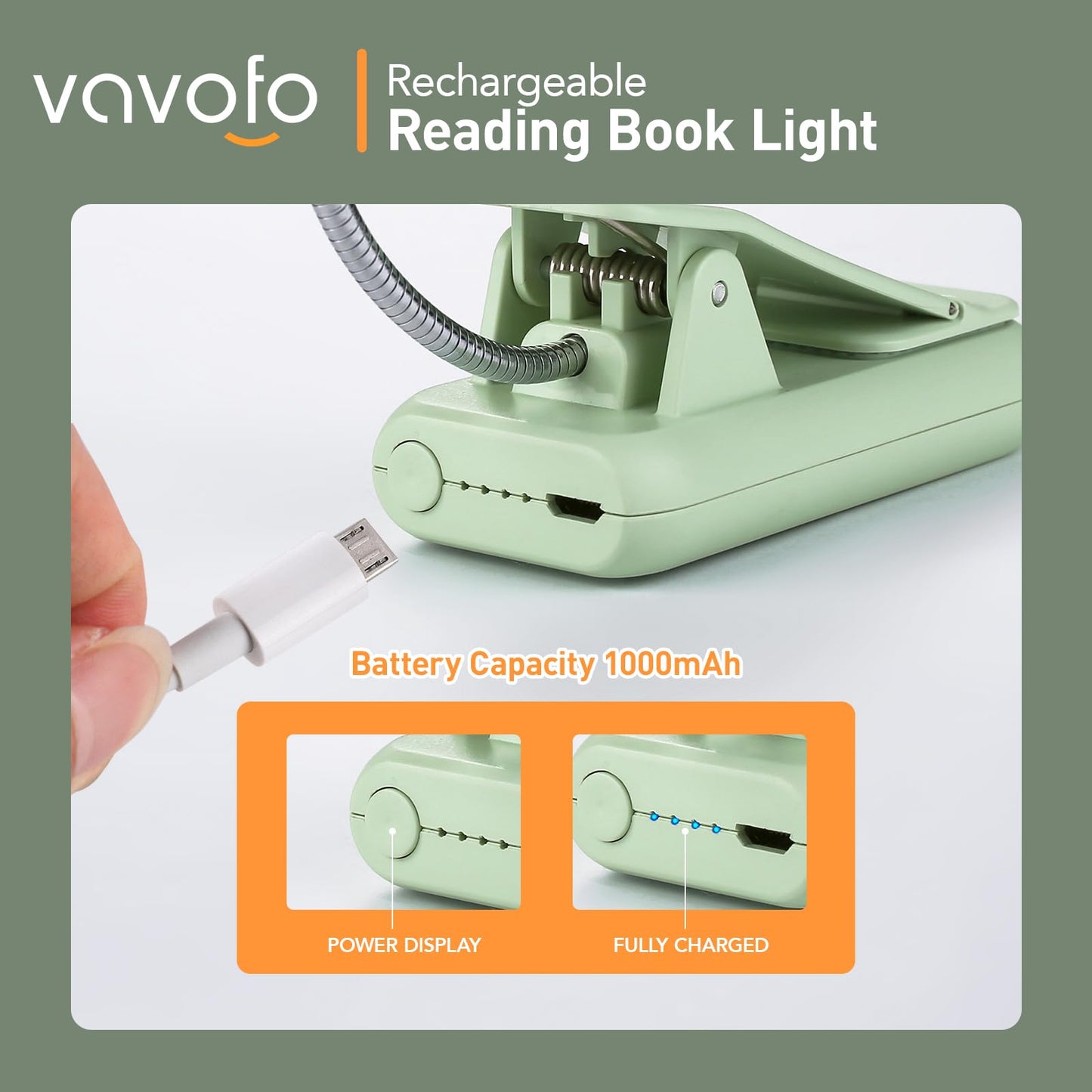 VAVOFO Rechargeable Book Light, 7 LED, 9-Level Warm/Cool White, Eye Care Lamp, Avocado Green, Model KM-6720