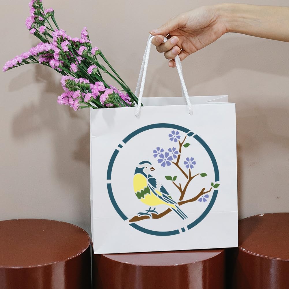 MAYJOYDIY 3pcs Round Flower Bird Stencils for Painting 11.8×11.8inch Large Hummingbird Floral Stencil with Paint Brush Nature Daisy Cherry Blossom Titmouse Flying Bird Stencil for Wood Wall Furniture