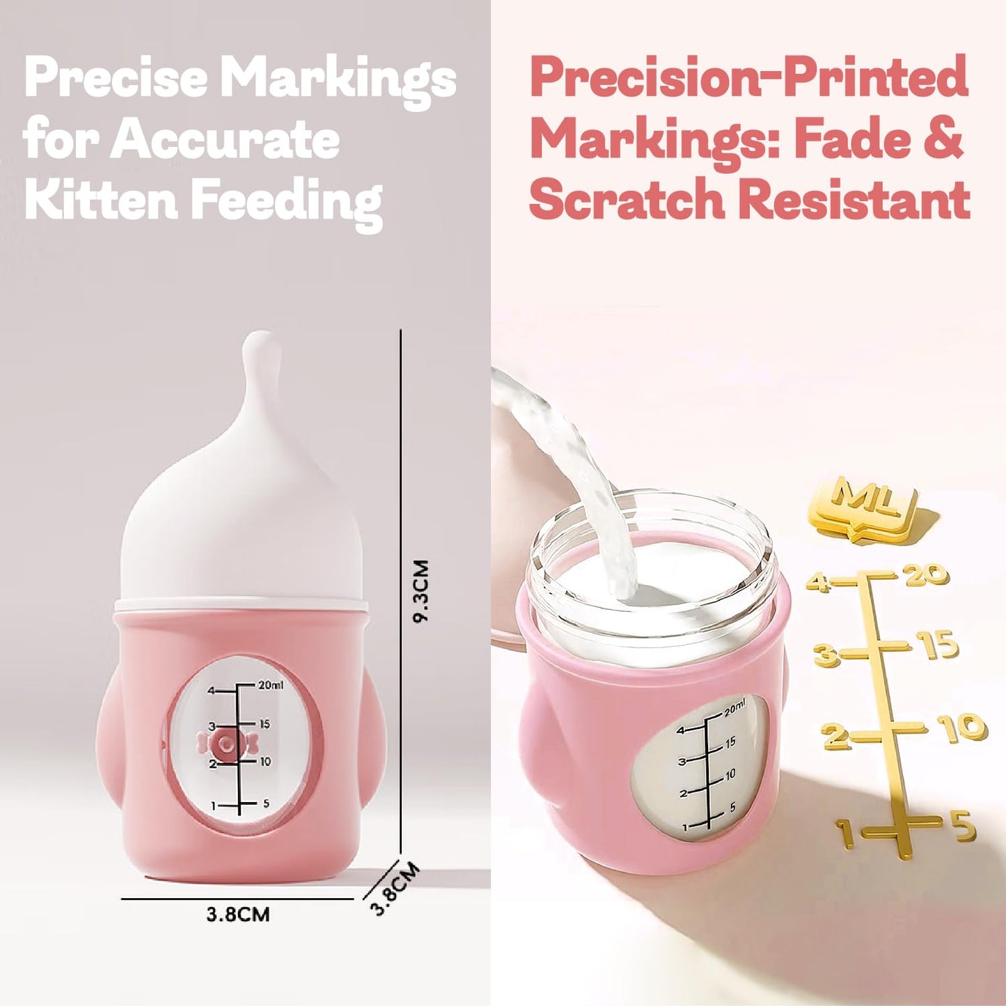 Rock Tech Ergonomic Pet Nursing Bottle,Puppy Bottles for Nursing Puppy Milk - 20ml Slow Flow Kitten Bottle Feeding kit for Newborn Kittens/Puppies/Small Animals, Easy-Clean Silicone Feeder (Pink)