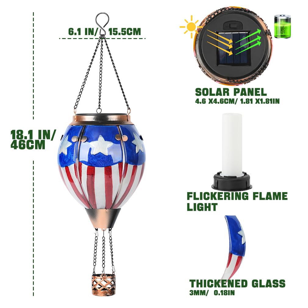 Hot Air Balloon Solar Lantern - U.S Flag Patriotic Glass Lantern Simulated Flickering & Dancing Flame Outdoor Hanging Yard Light Waterproof Ip65 Ideal 4Th Of July Gift For Patriot Patio Decor