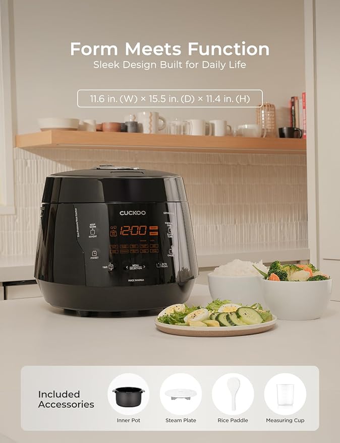 CUCKOO High Pressure Rice Cooker 10-Cup Uncooked / 20-Cup Cooked with Nonstick Inner Pot, Large Rice Maker with 13 Menu Options and Steam Plate, Fuzzy Logic Tech, Auto Clean, Black (CRP-PK1001S)