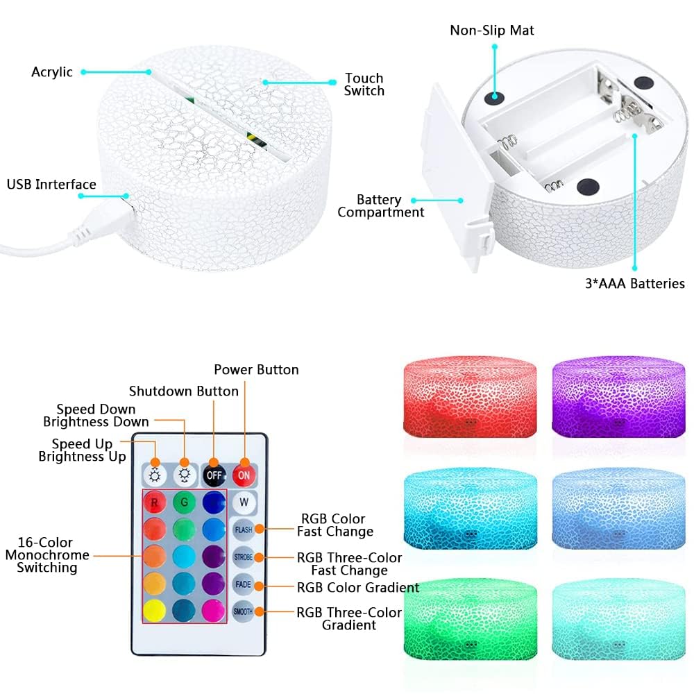 Mzcyfuy 3D Illusion Night Light LED Lamp, Remote Control, 16 Color Changing, White, Model WYHG