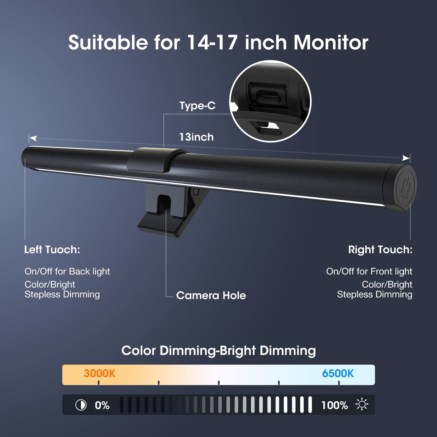 Oowolf Monitor Light Bar, 13 Aluminum Desk Lamp, Cri=95, Black, Eye-Caring, Dual Light, 3-Color Mode, Model Lm-Us-Tl04Pro