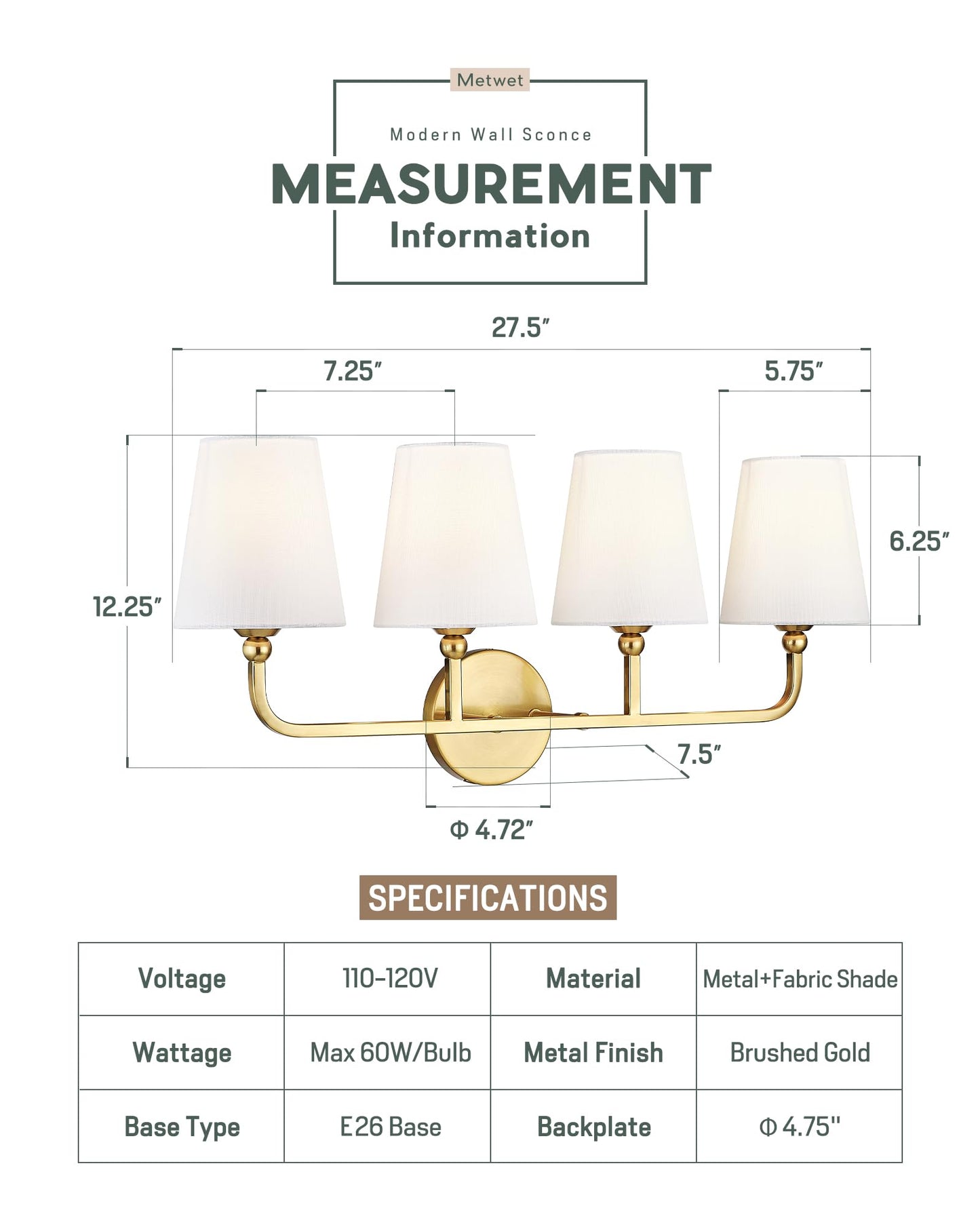 METWET Bathroom Light Fixtures, 4 Light Brushed Gold Vanity Lights with Flared White Fabric Shade, 28 Inch Wall Sconce, Modern Sconces Wall Lighting for Hallway Bedroom, VL837-BG-4