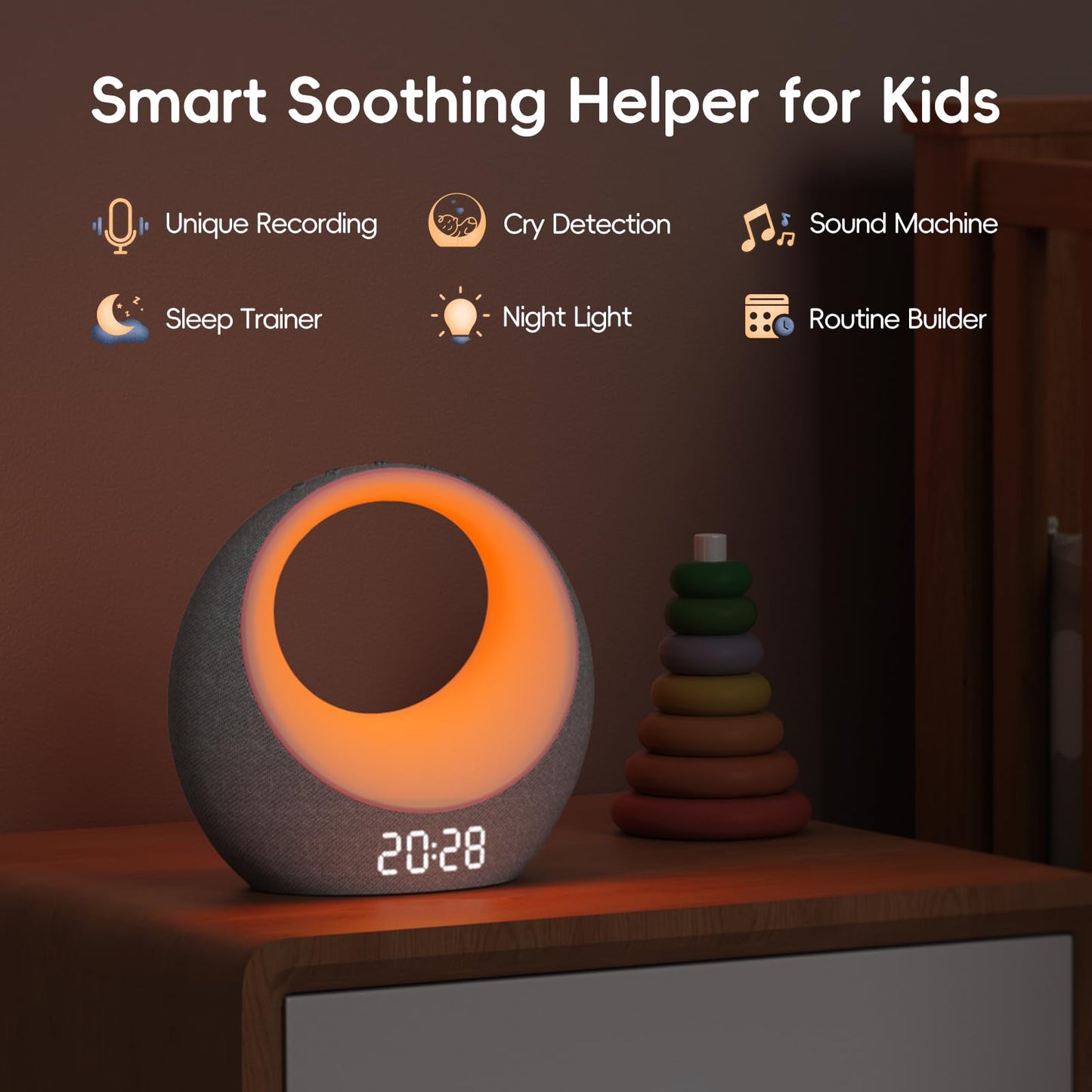 Gianna Baby Sound Machine - Auto-Soothing, Customizable Recording, 26 Soothing Sounds, 8 Eye-Care Lights, APP-Controlled White Noise Machine, Rechargeable Sleep Trainer - Ideal for Nurseries, Bedrooms
