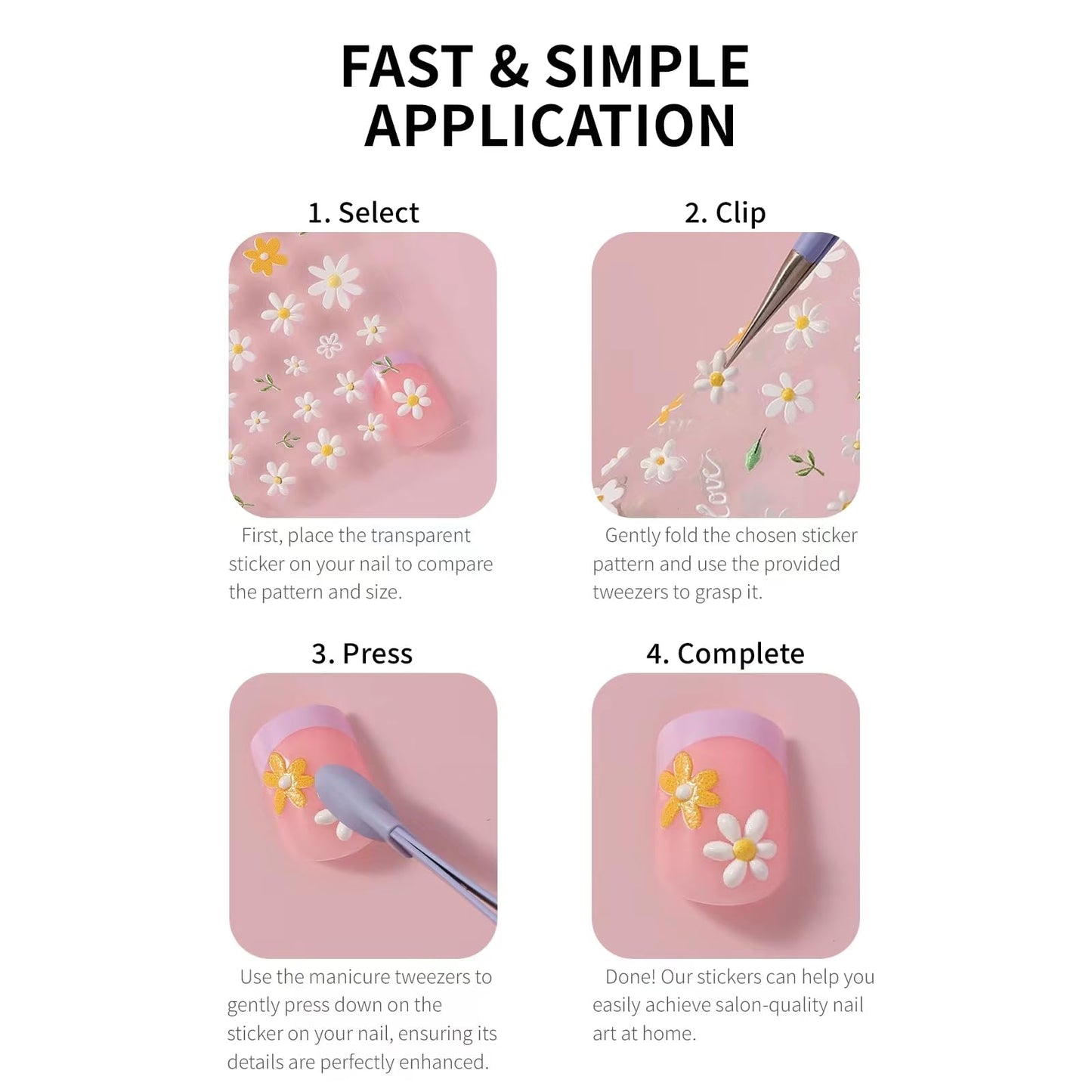HAIIDOAK Nail Stickers, 4 Sheets Floral 5D Embossed, Self-Adhesive for DIY Manicure