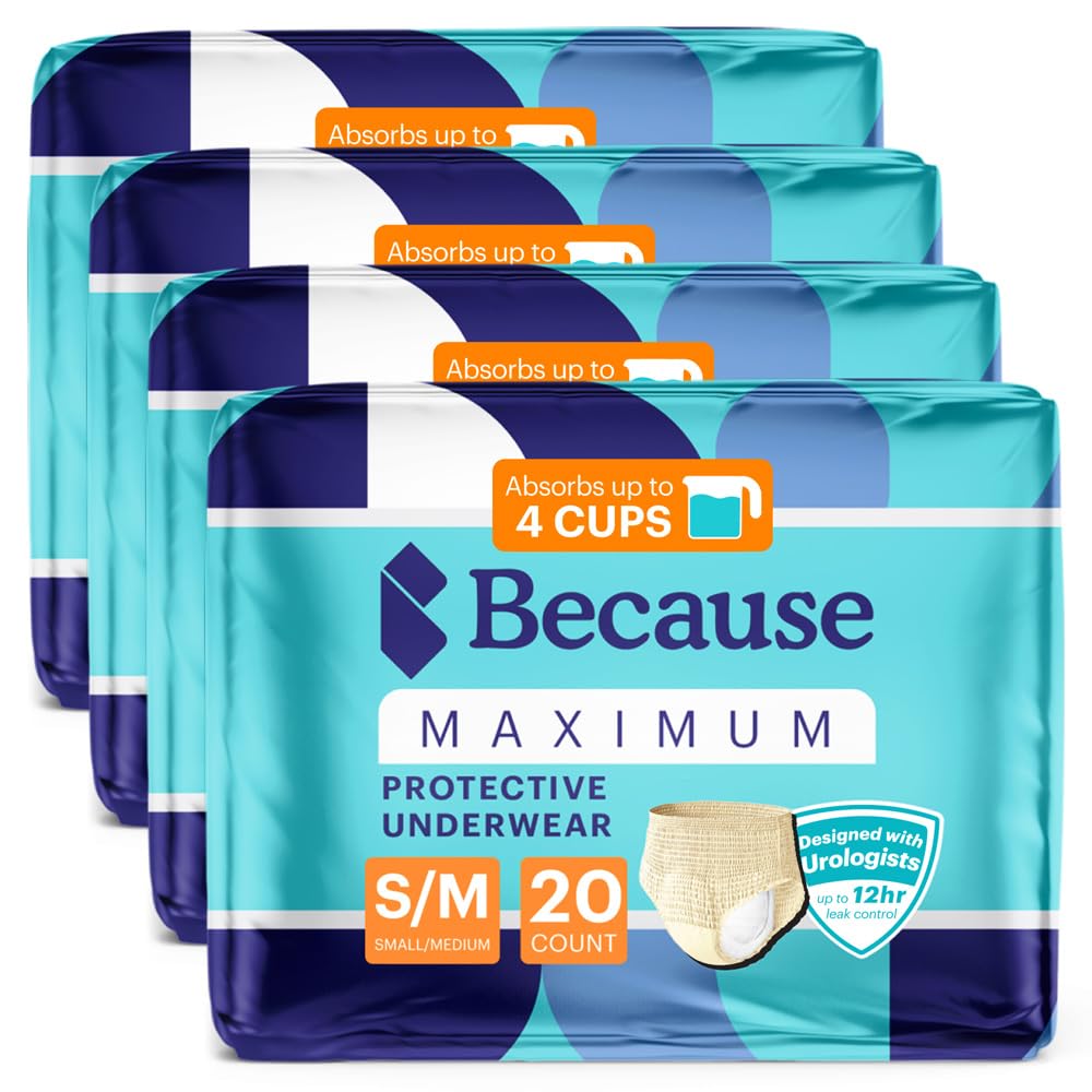 Because Premium Maximum Plus Adult Incontinence and Postpartum Bladder Leak Underwear for Women, Maximum Absorbency, Disposable, Beige, Small/Medium, 80 Count (4 Packs of 20)