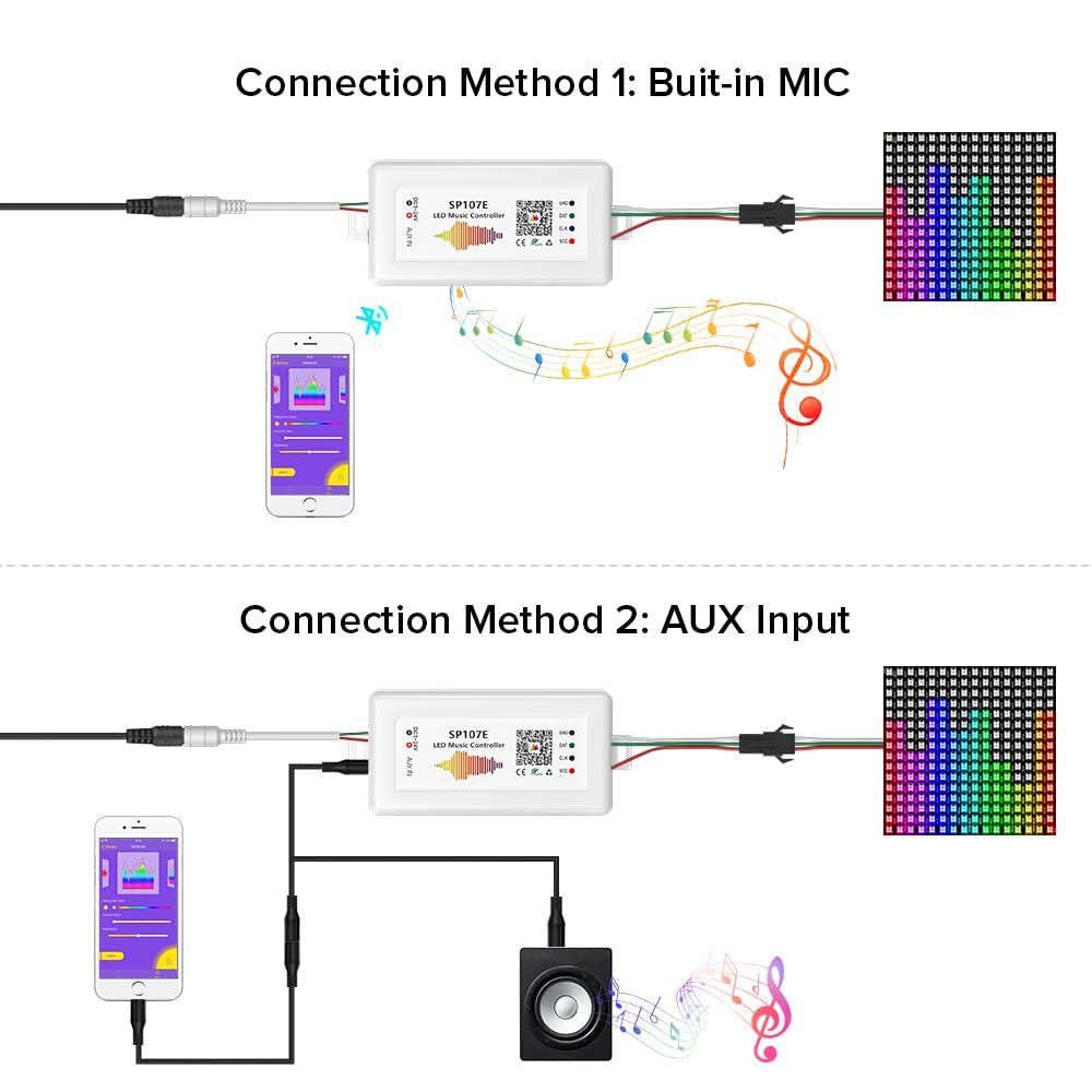 BTF-LIGHTING FCOB RGB Controller SP107E Music Bluetooth, Supports WS2811/WS2812B/WS2813, Built-in Mic, AUX Input, Plastic, Bluetooth Musical