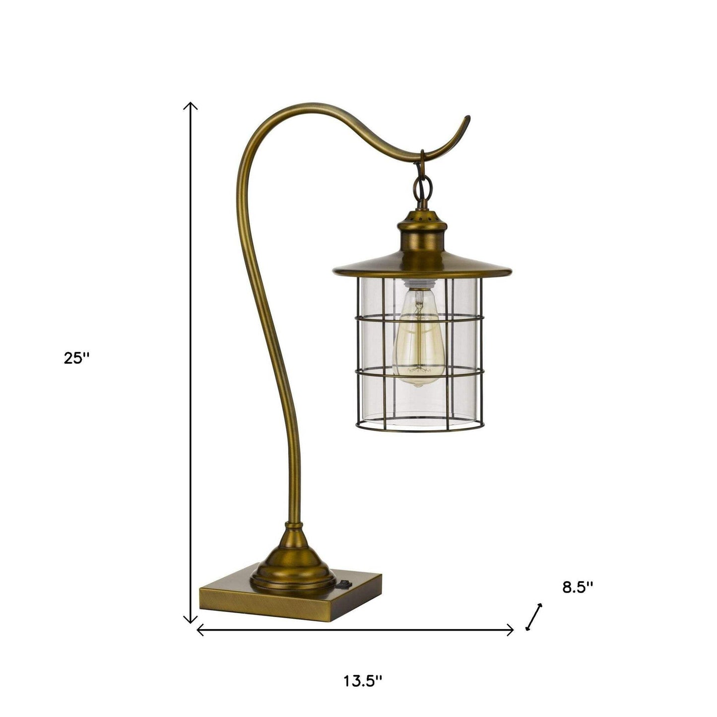 HomeRoots Metal Desk Table Lamp with Antiqued Brass Drum Shade, Model 524696, 25 in. Height
