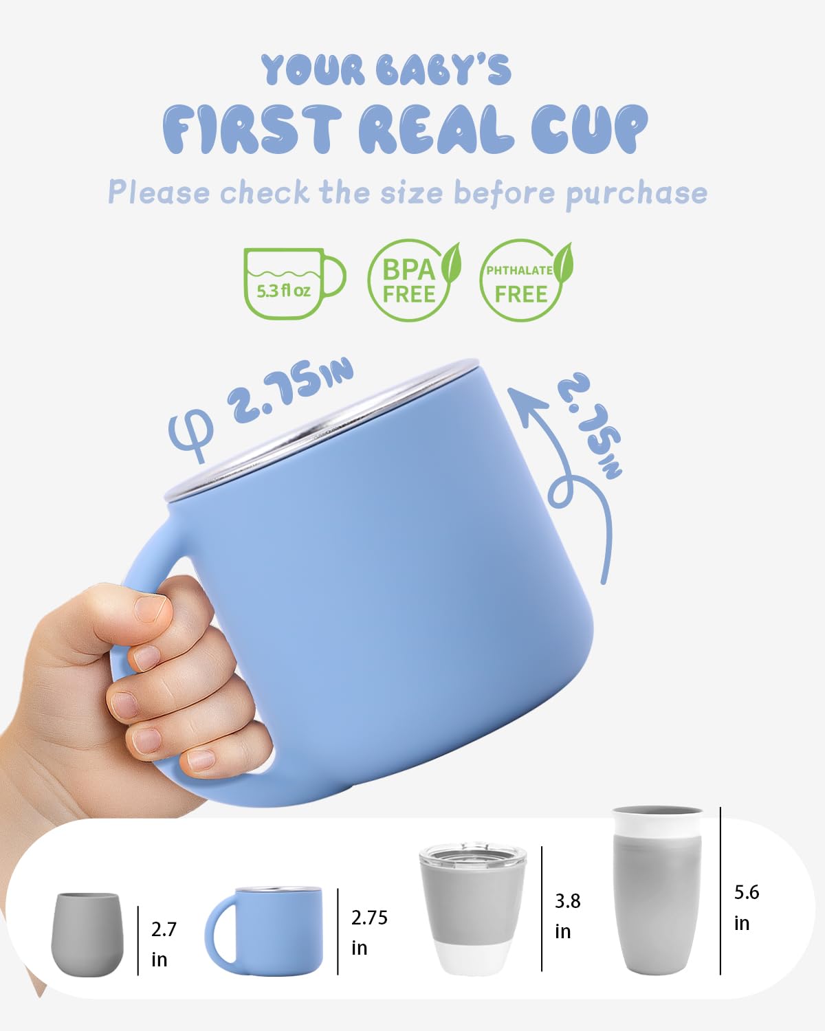 Bakpoco 2-IN-1 Open Toddler Cups, Stainless Steel Baby Cup + Silicone Training Cup for Toddlers Kids Babys, No Plastic | No Soap Smell | Shock-Proof Feeding Essentials, 2-Pack Blue/Sage