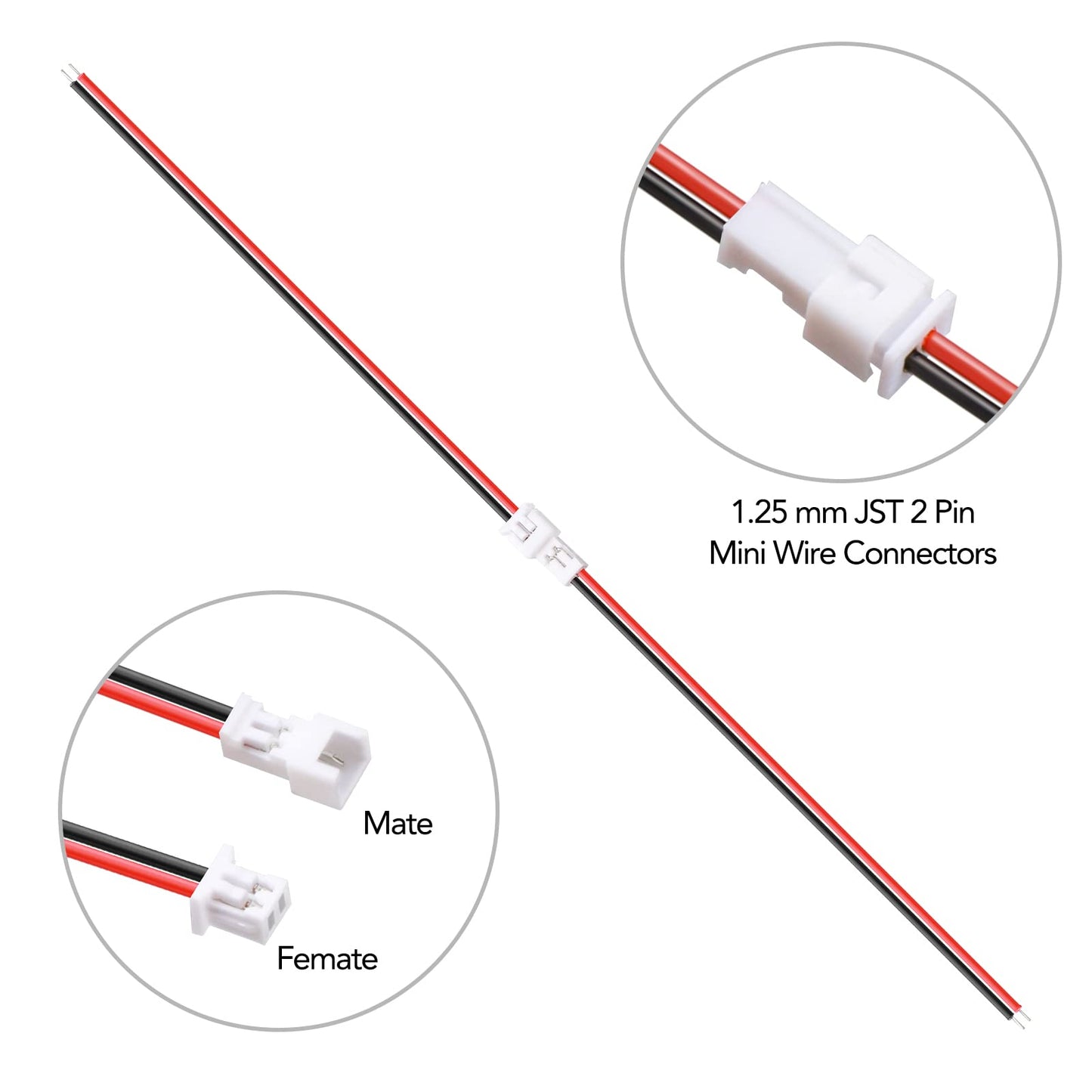 LYJEE 2 Pin Connector, 30 Pairs Mini Wire Connectors, 1.25mm JST, Copper Plastic, 26AWG, Red