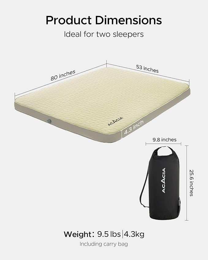 ACACIA 4.3" Thick Self Inflating Sleeping Pad with Foam | Innovative Y-Shaped Telescopic Structure | Ultraportable Camping Mattress | Outdoor Compact Air Mat for Tent Car |