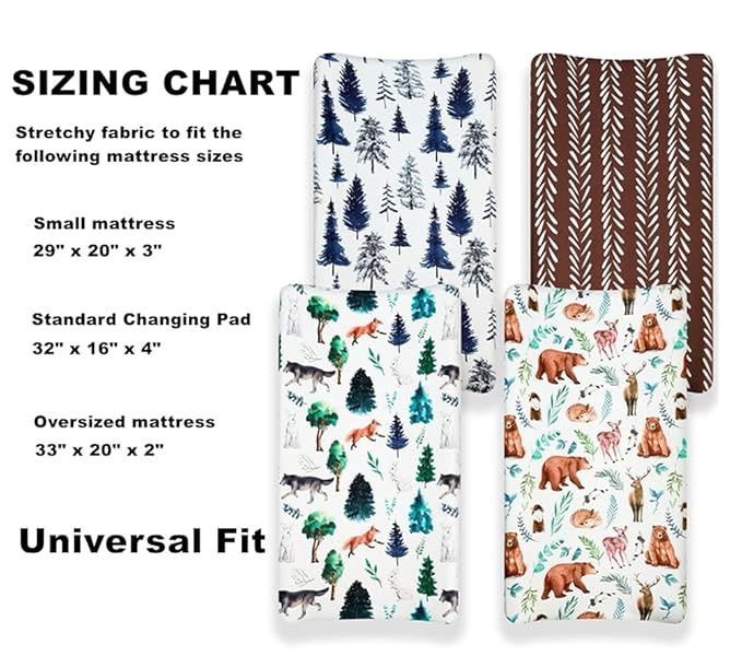 4 Pack Changing Pad Covers Woodland Forest Animals Wood Neutral Unisex Fitted Baby Changing Pad Cover Set for Baby Boys or Girls