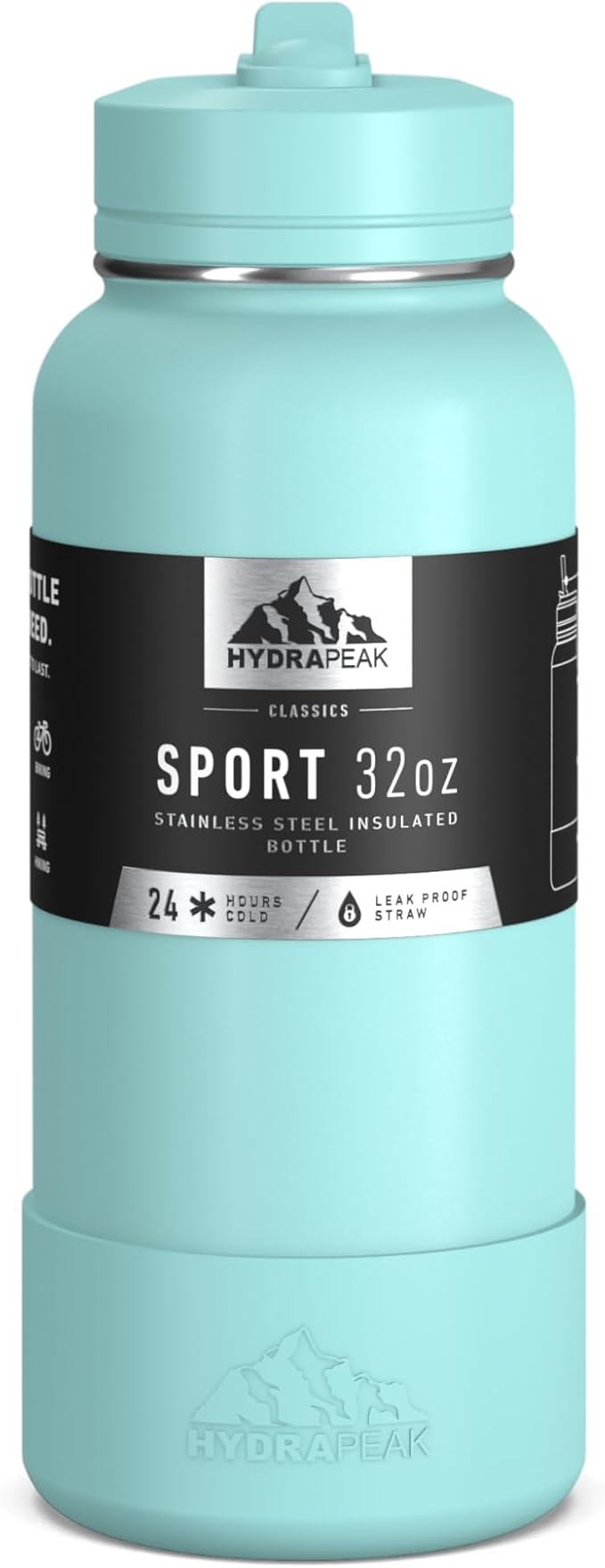 Hydrapeak 32oz Sport Insulated Water Bottle with Straw or Chug Lid, Leak & Spill Proof, Keeps Drinks Cold for 24 Hours, Hot for 12 Hours, Premium Stainless Steel Water Bottles (32oz, Aqua)