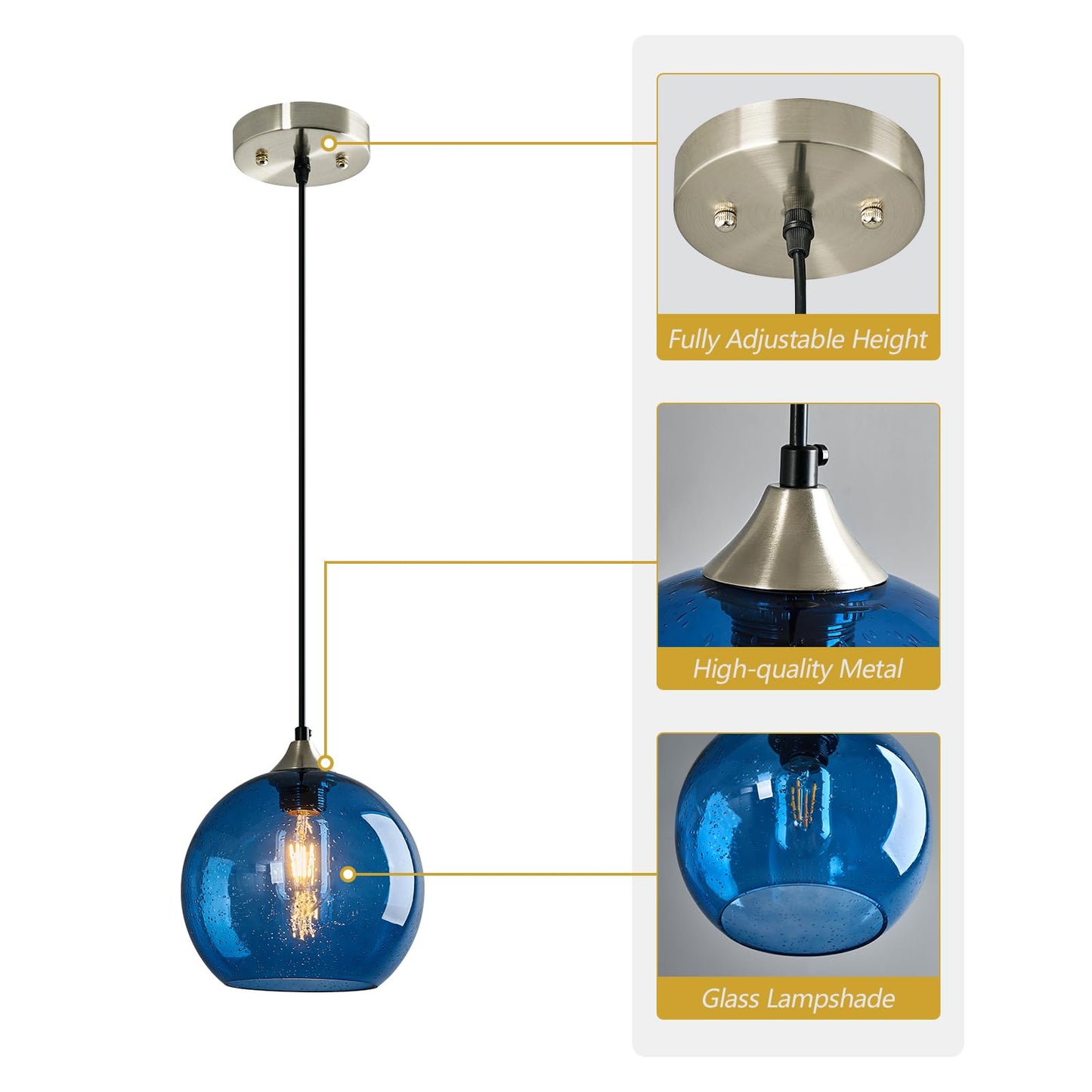 Lbsqj Blue Glass Pendant Lights Kitchen Island Lighting Globe Pendant Light Fixtures Modern Pendant Lighting For Kitchen Island Bedroom Living Dining Room Light Fixture(7.87In 1-Pack)