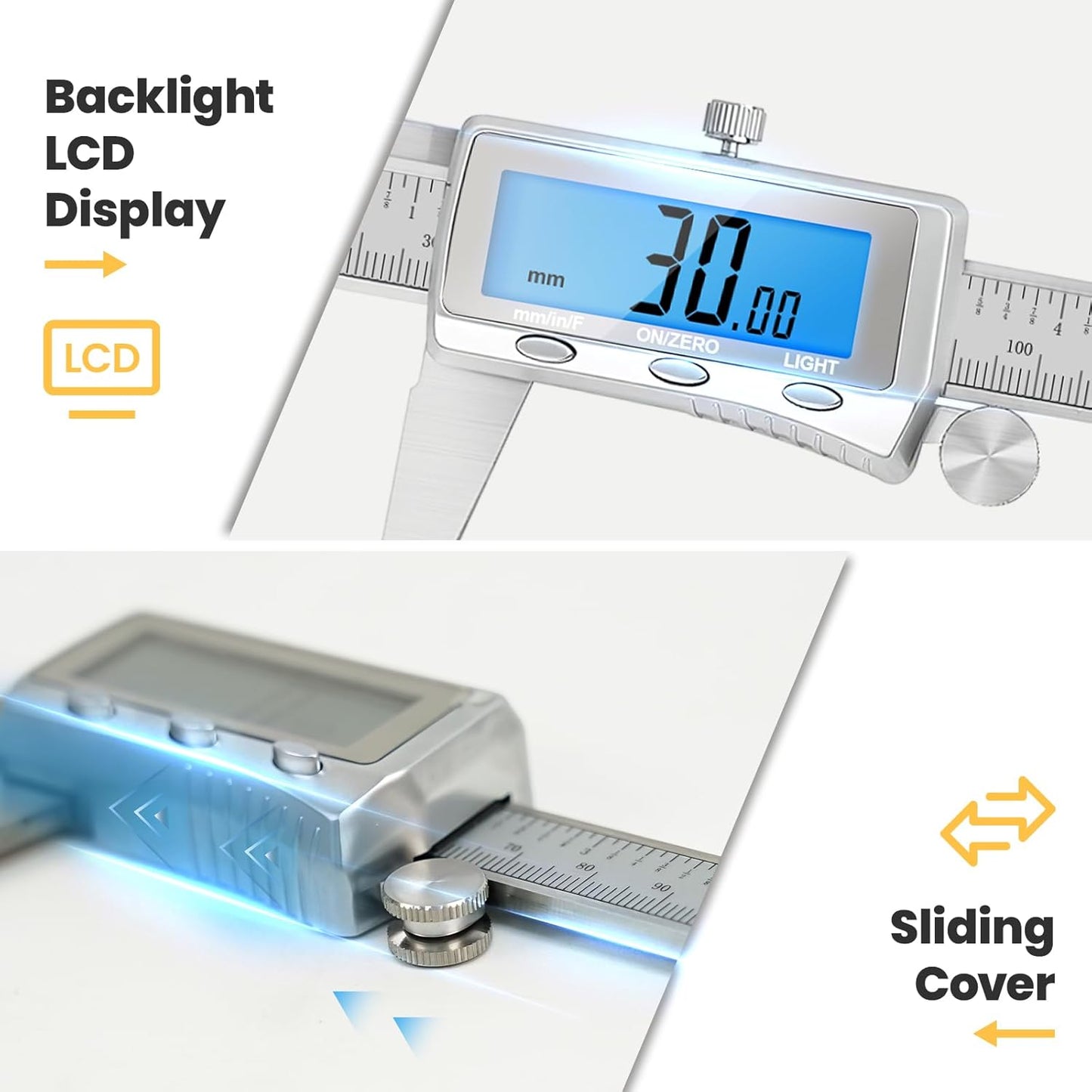 Digital Caliper, Rechargeable Caliper Measuring Tool with Backlight LCD Screen,Vernier Dial Caliper Stainless Steel with Auto-Off Feature,Inch Metric Fraction Conversion, for Jewelers/Woodworkers/DIY