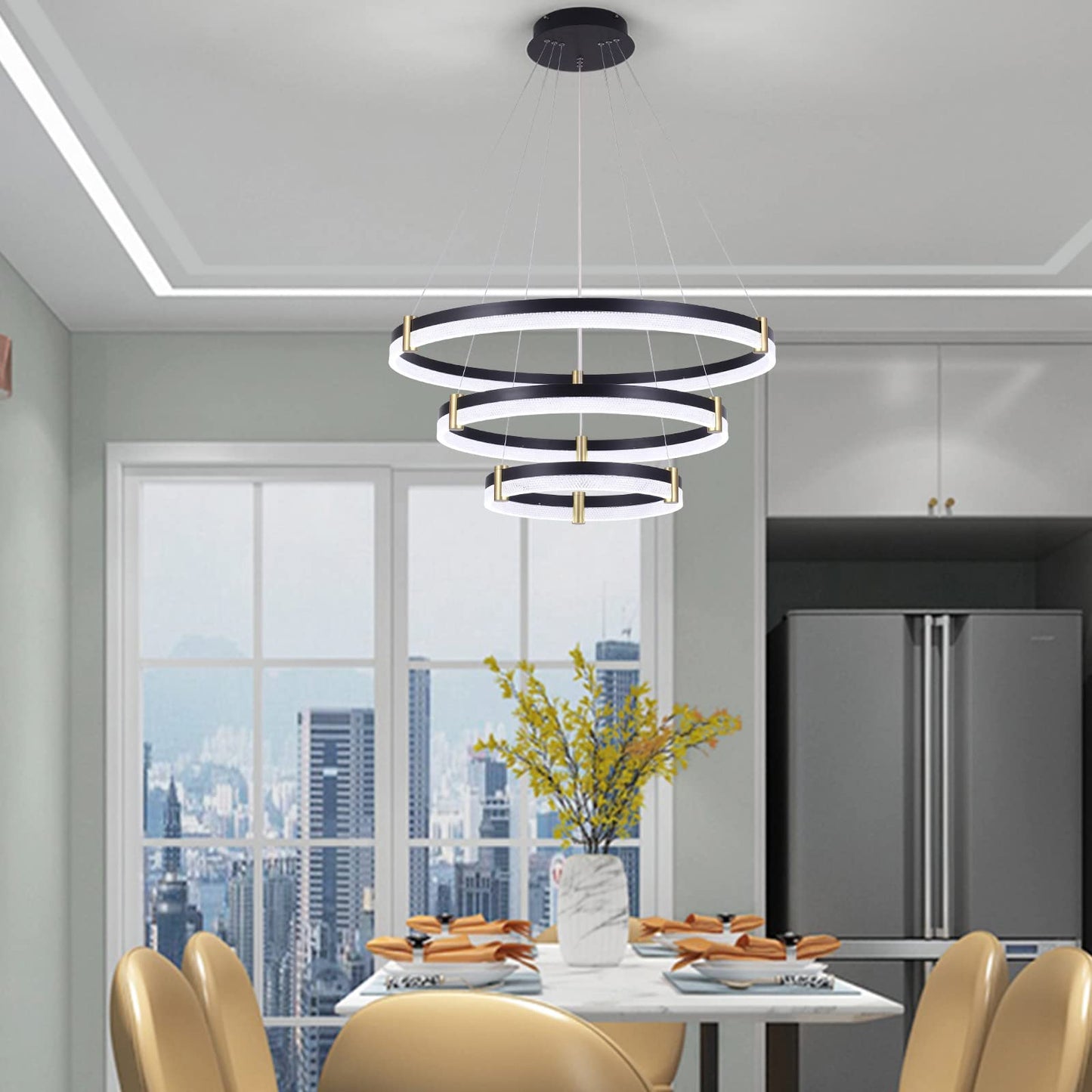 Siittoo Modern Crystal Chandelier Light Fixture Dimmable Led Acrylic Pendant Lighting Adjustable Black Chandelier For Dining Living Room Bedroom Kitchen (3 Rings 57W F31.5+23.6+15.8)