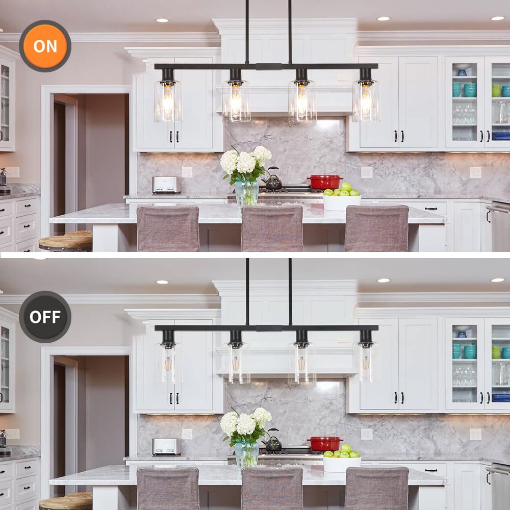 4-Light Kitchen Island Lighting Black Farmhouse Chandelier With Adjustable Height & Clear Glass Shades Linear Hanging Dining Room Light Fixture Over Table Bar Simplicity Island Lights For Kitchen