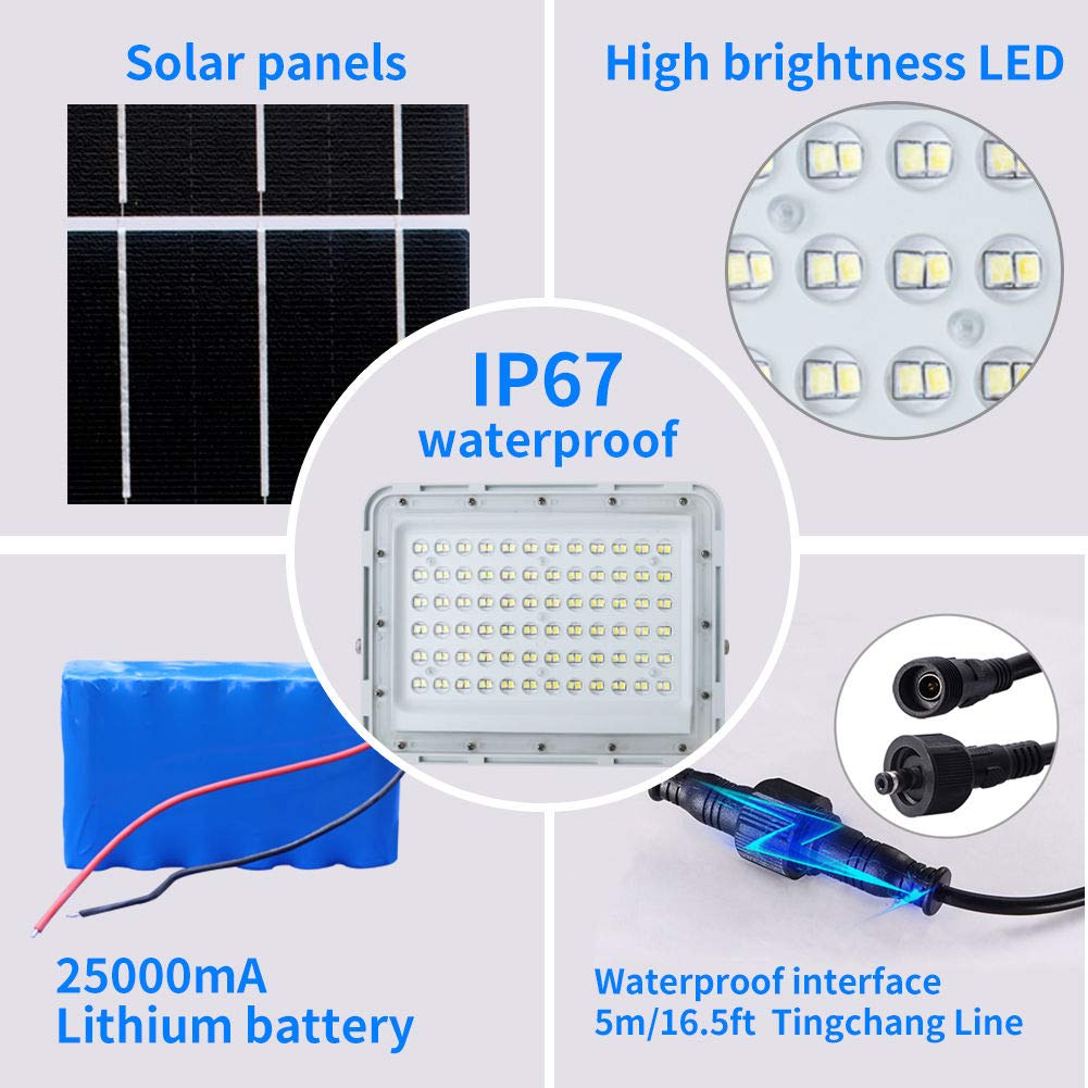 Tin Sum Solar 200W Led Flood Light - 18000 Lumens, Waterproof, Remote Control, White, For Yard, Garden, Pool, Court