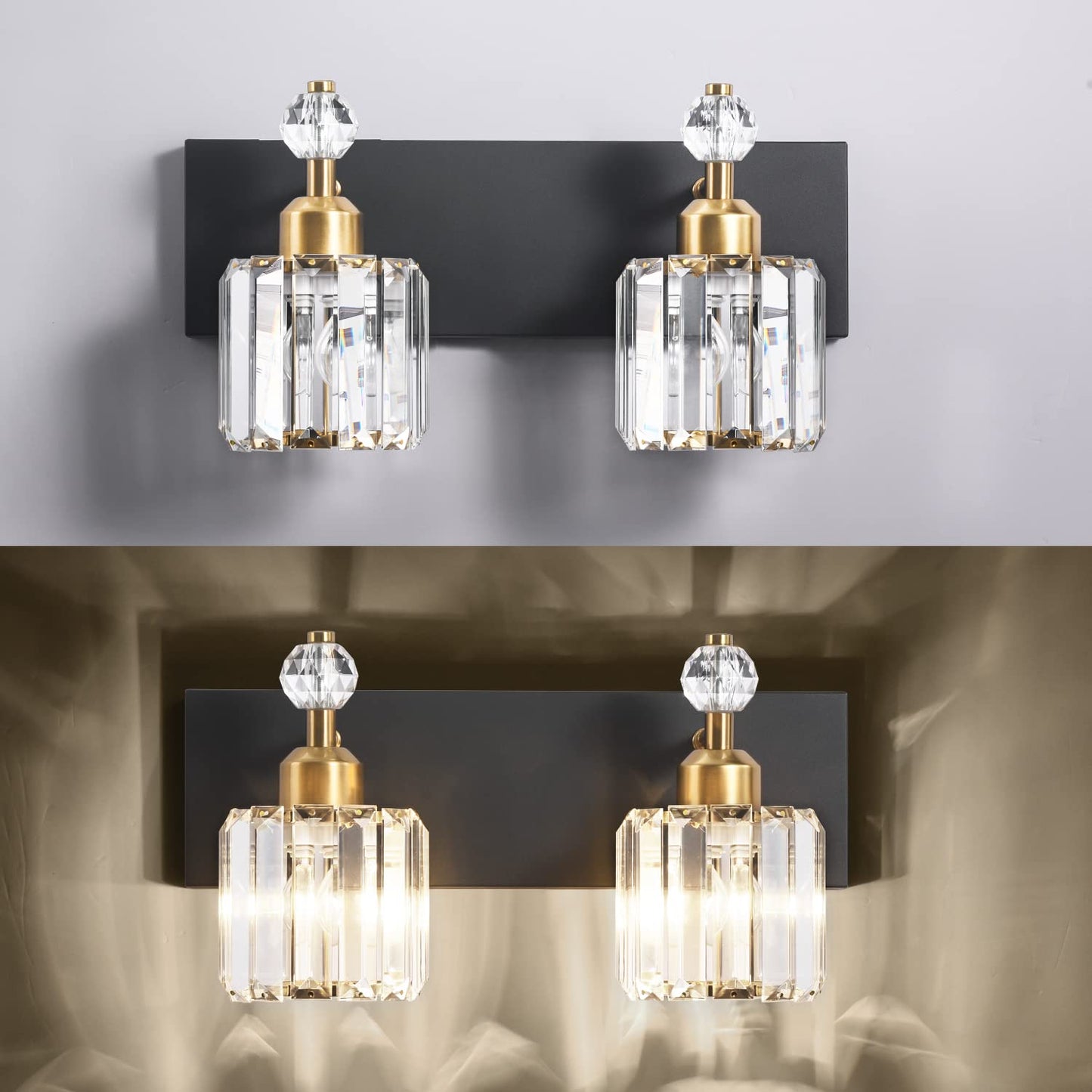 Presde Modern Crystal Black 2-Light Bathroom Vanity Lights, Matte Black Metal Fixtures For Wall Sconce Over Mirror
